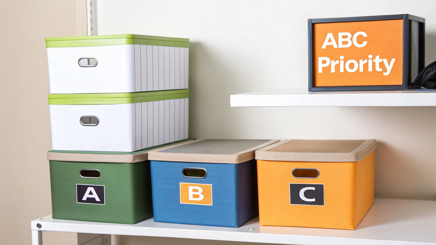 Colorful storage boxes labeled A, B, C, and white boxes stacked on shelves with an 'ABC Priority' sign.