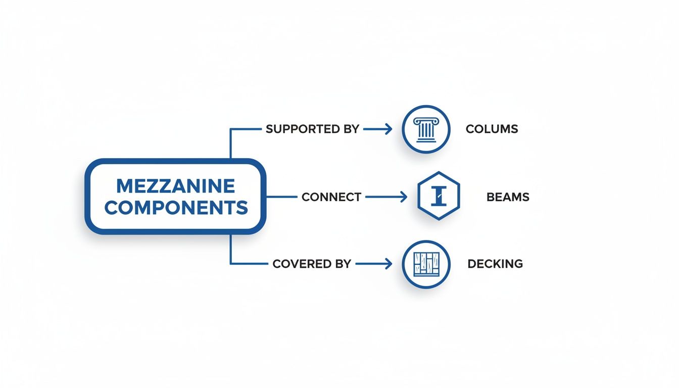 Diagram showing mezzanine components: supported by columns, connected by beams, and covered by decking.