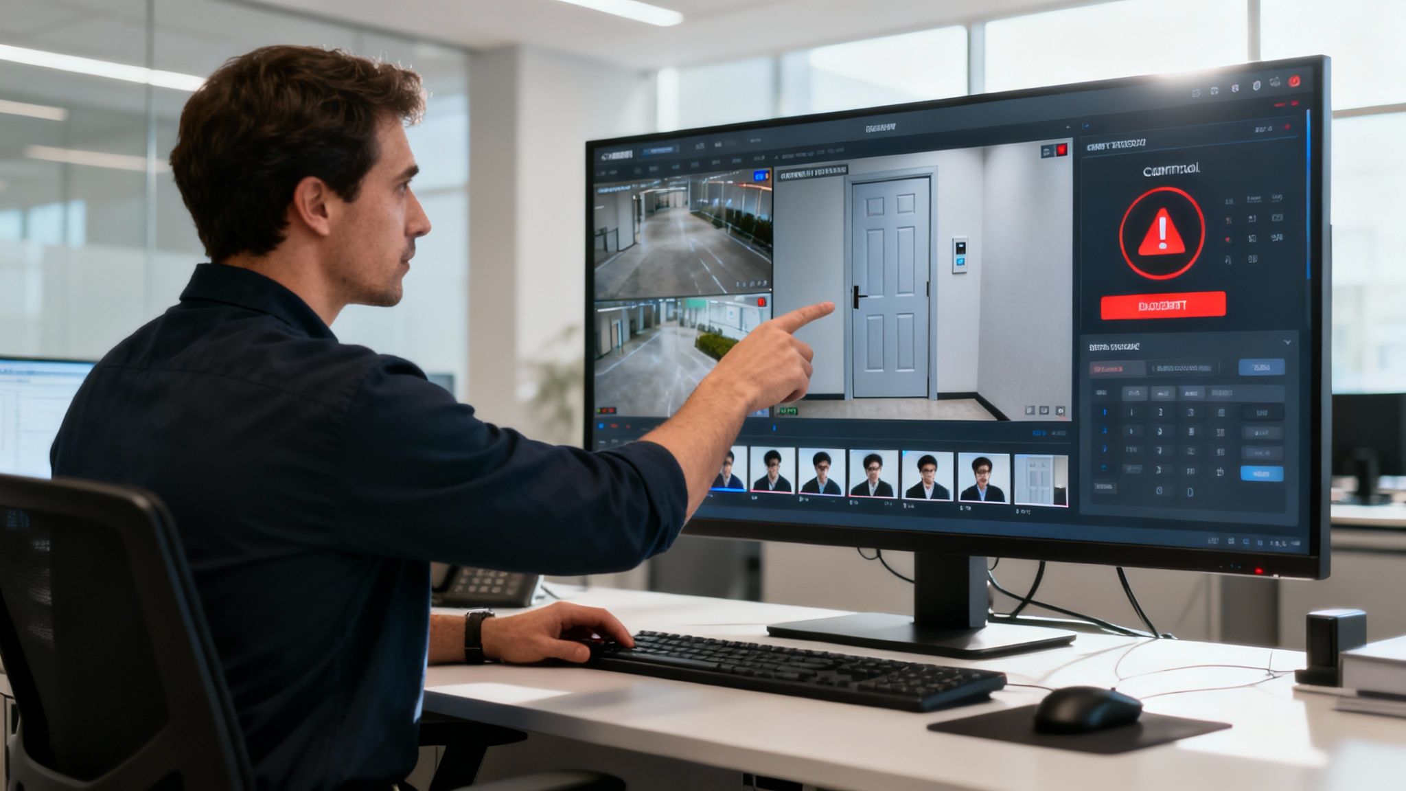 Professional man reviewing security camera footage and an access control system on a computer monitor.