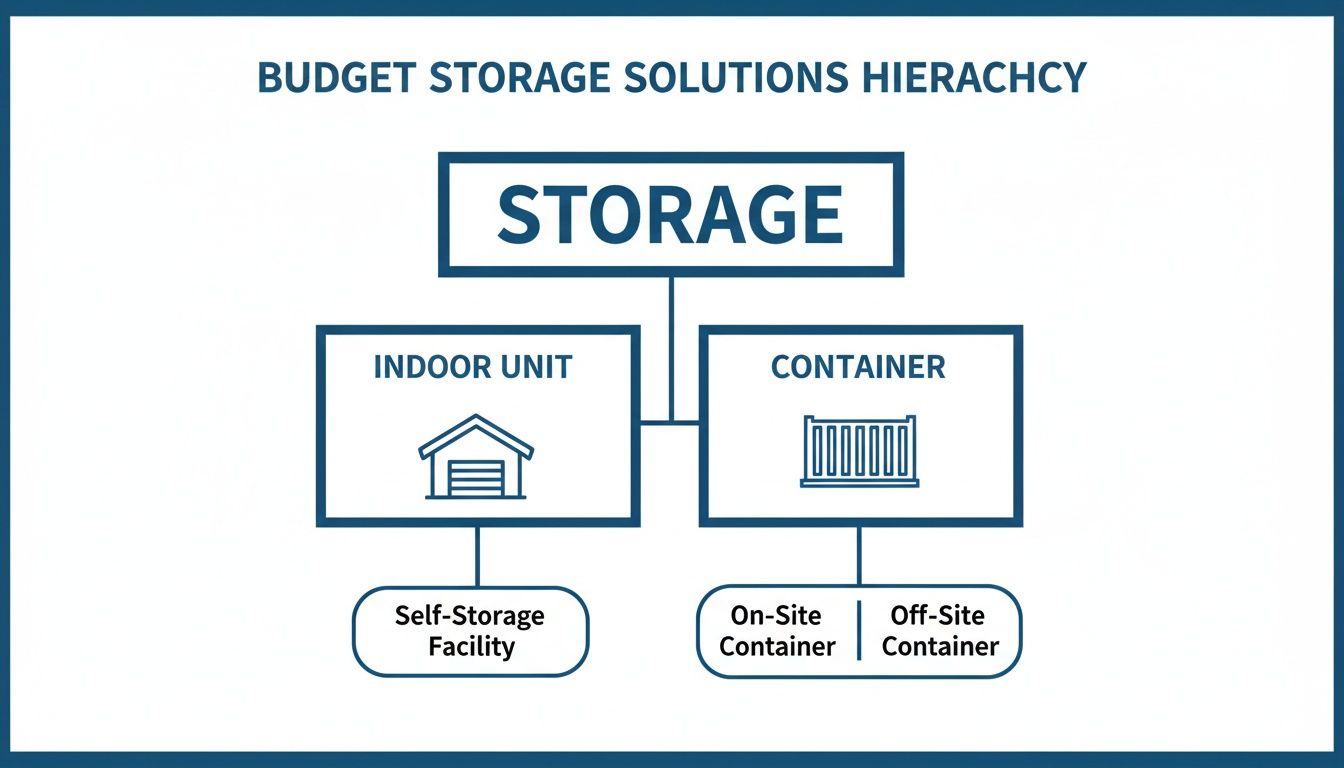 Hierarchy chart of budget storage solutions, detailing indoor units, self-storage, and various containers.
