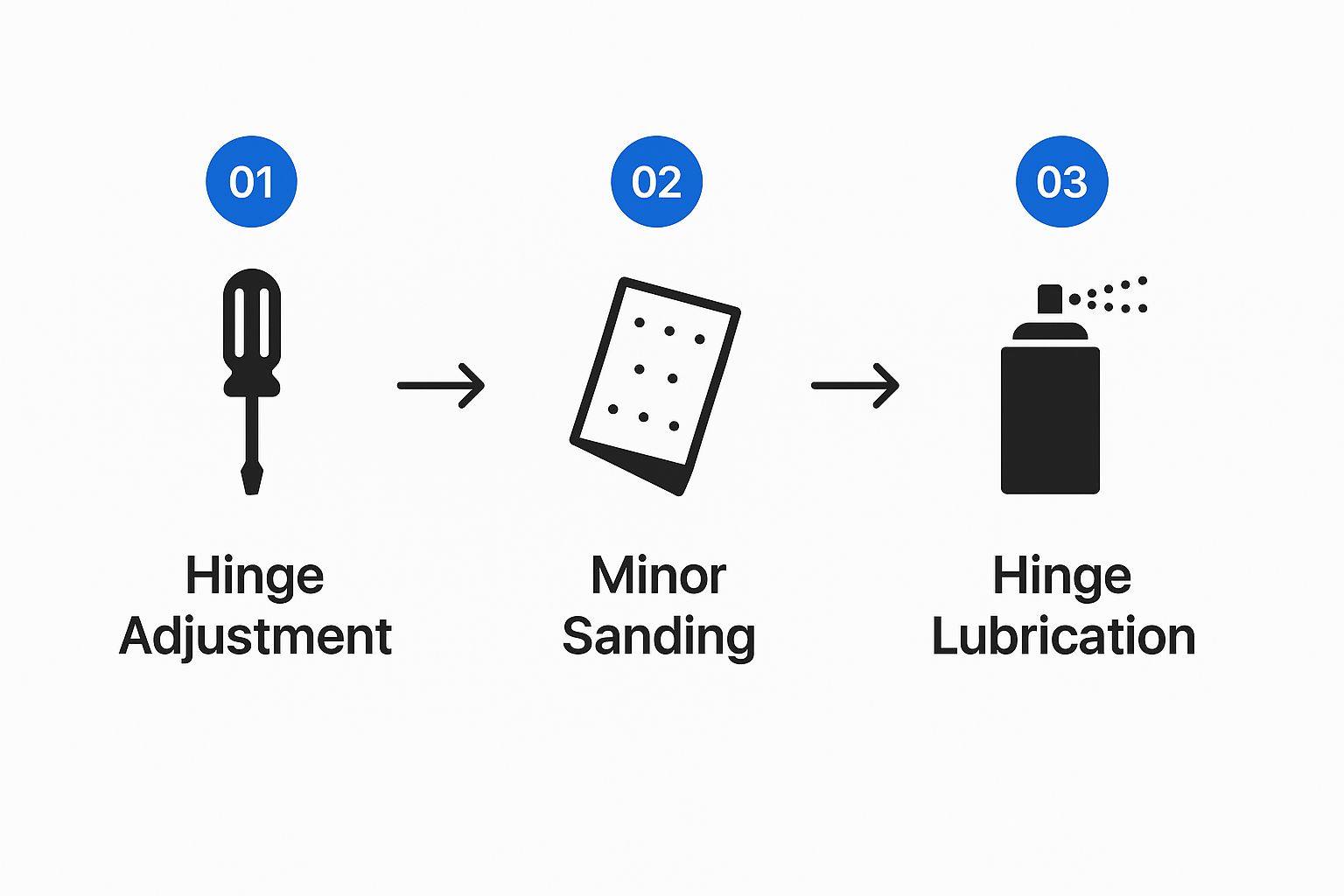 Infographic showing a three-step process: Screwdrivers for Hinge Adjustment, Sandpaper for Minor Sanding, and Lubricant Spray for Hinge Lubrication.