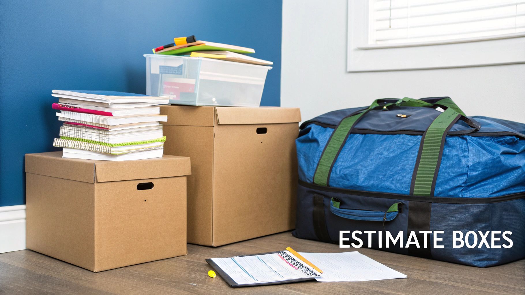 A student smiling while sitting on the floor surrounded by packed cardboard boxes, ready for storage.