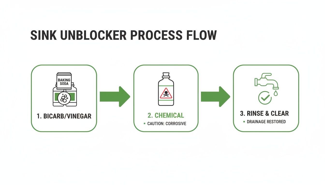 Flowchart showing three steps to unblock a sink: bicarb/vinegar, chemical treatment, then rinse and clear.
