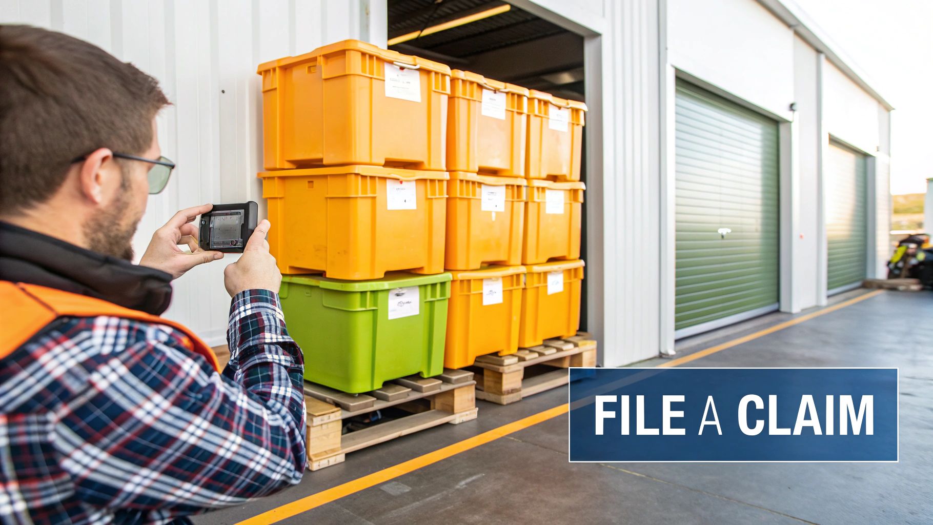 A man in a safety vest photographs stacked orange and green storage bins outside storage units.