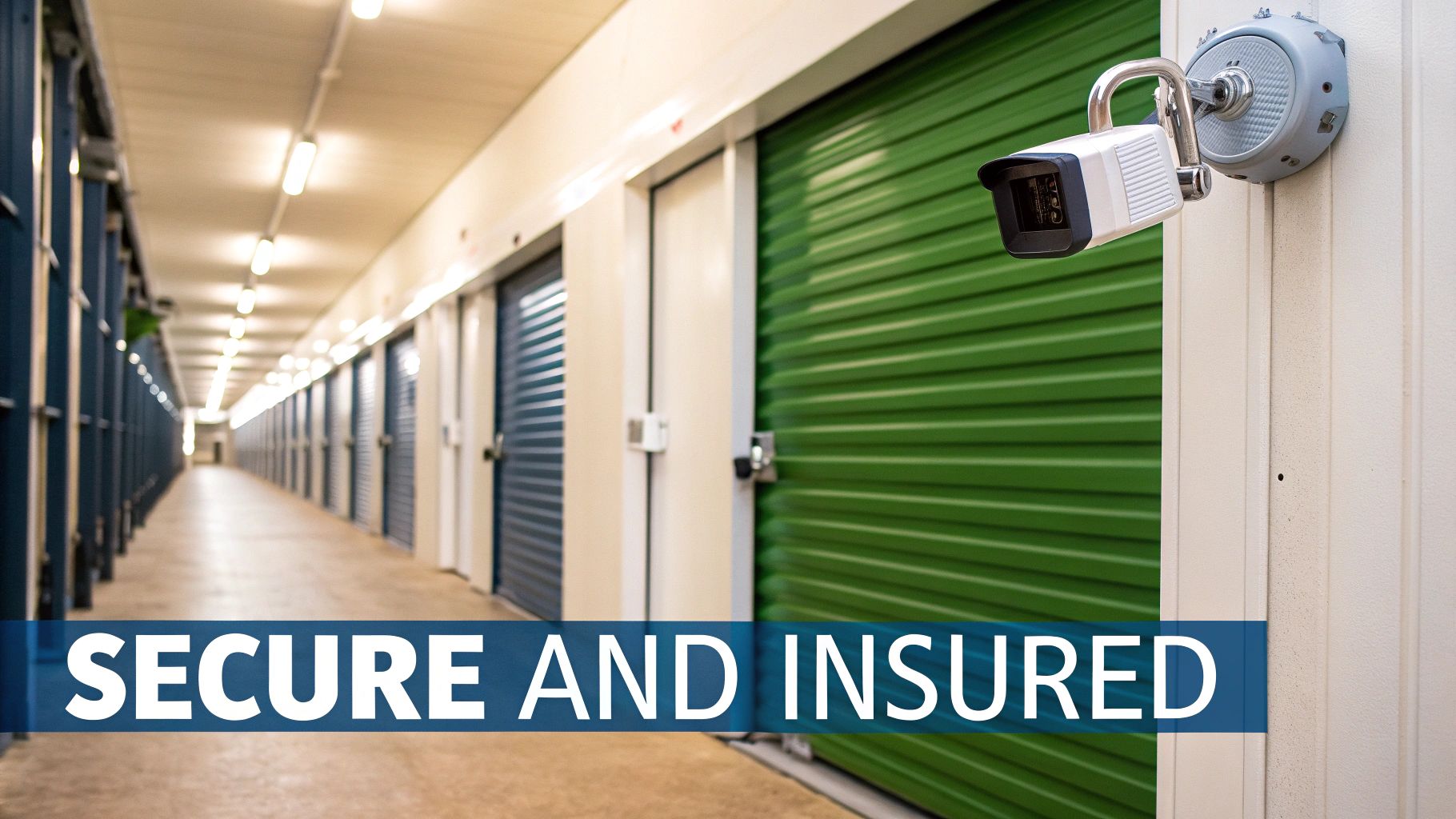 A secure, gated entrance to a storage facility with CCTV cameras visible.