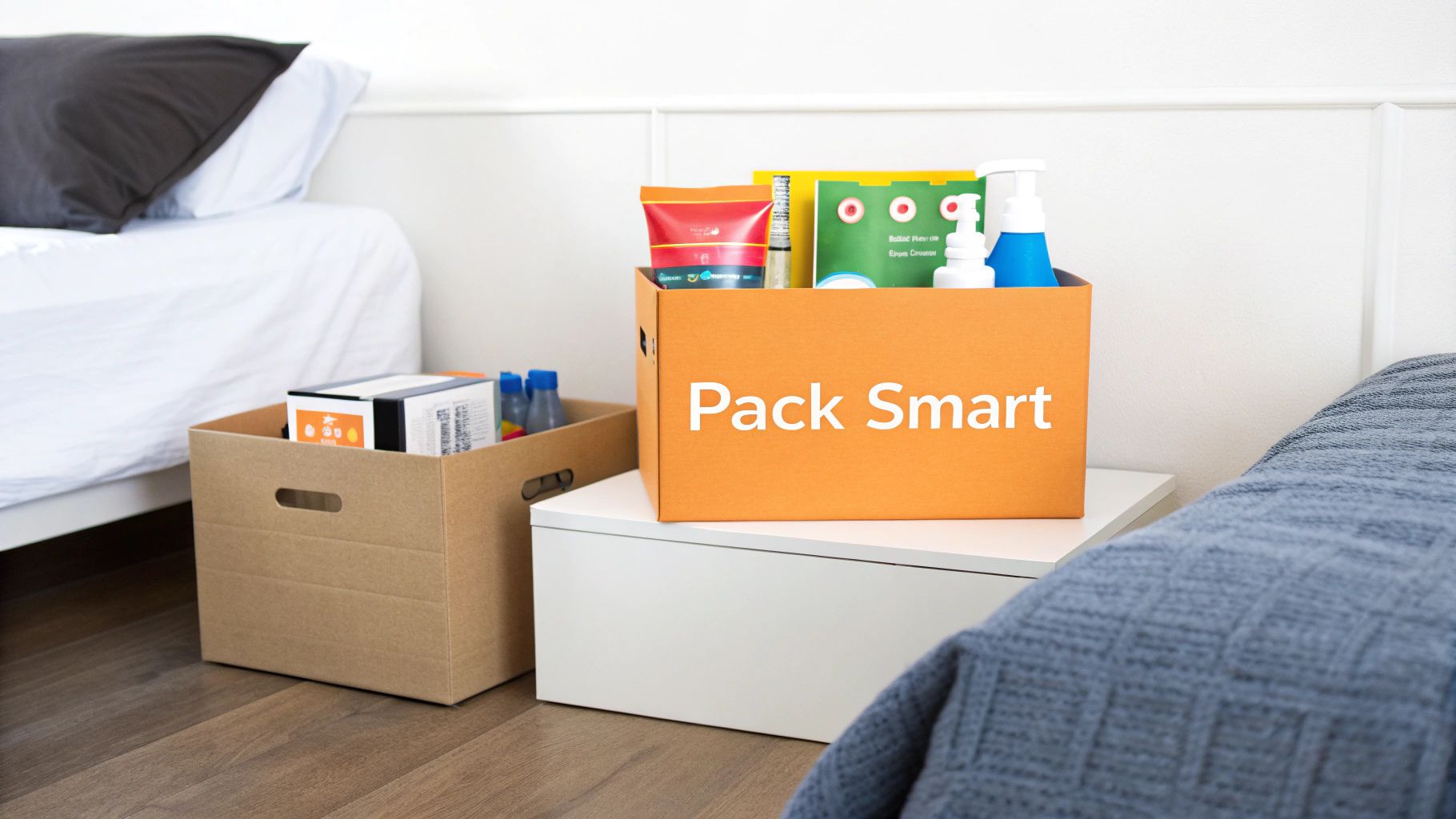 A neatly packed moving box with items wrapped in paper, ready for a house move.