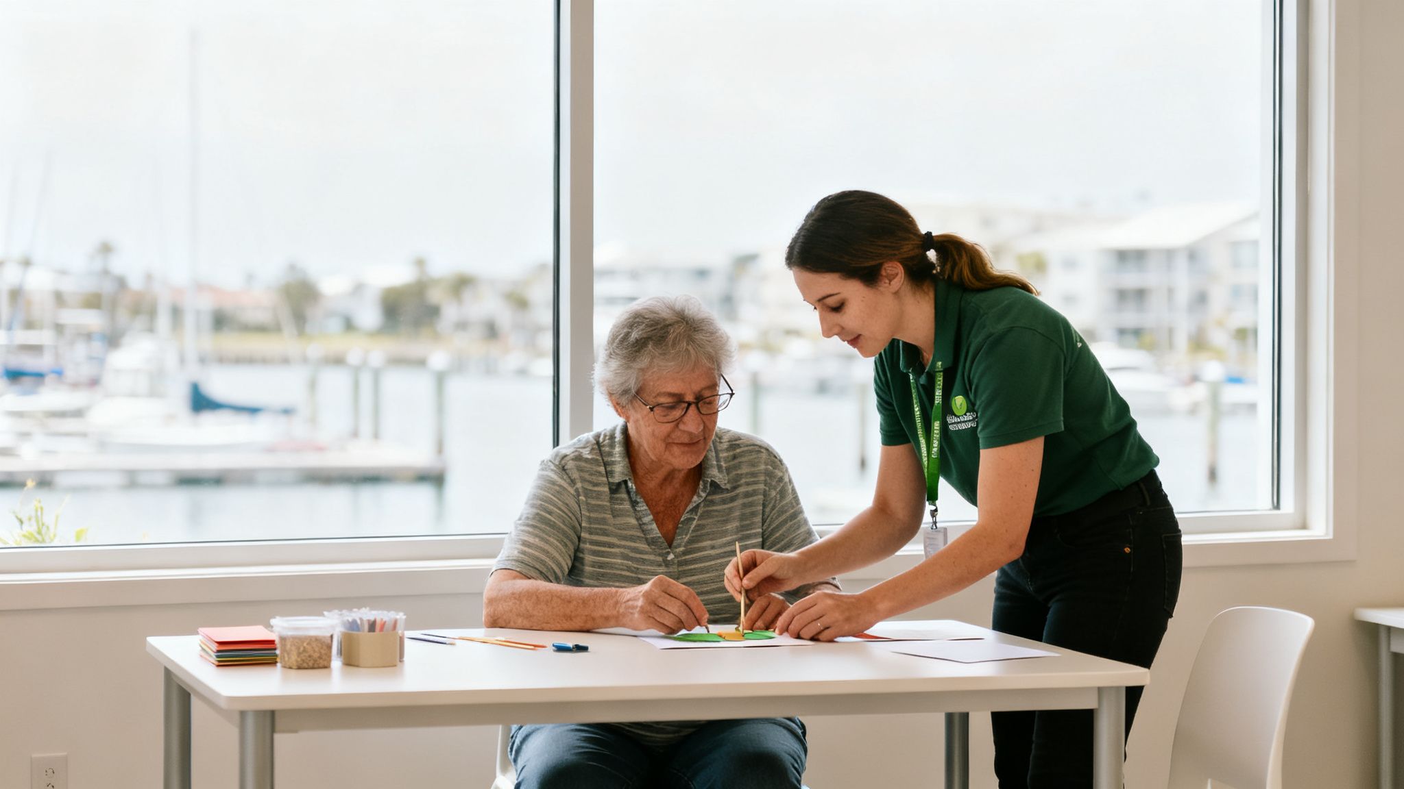 A younger woman assists an older woman with a craft project by a window overlooking a marina.