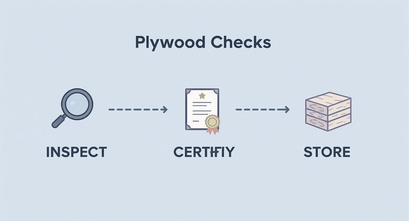 Infographic decision tree showing the steps to check plywood: Inspect, Certify, and Store.