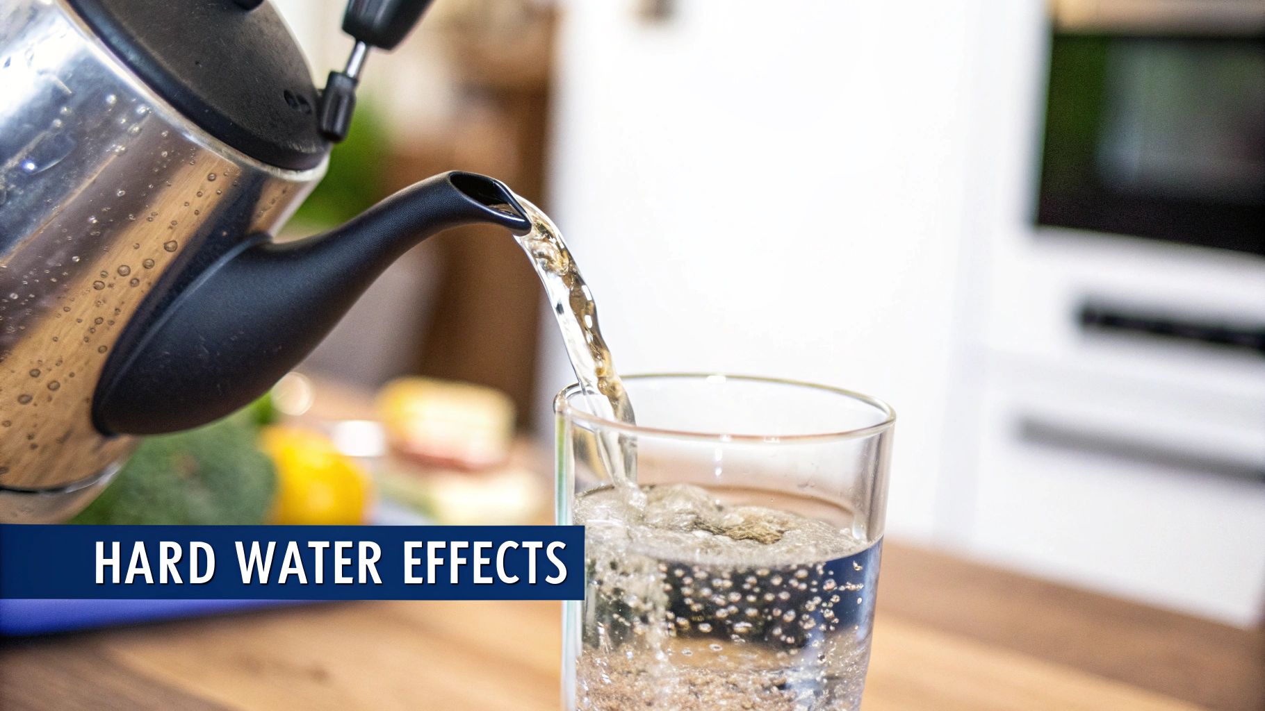 A silver kettle pours water into a clear glass, with the text 'HARD WATER EFFECTS' overlaid.
