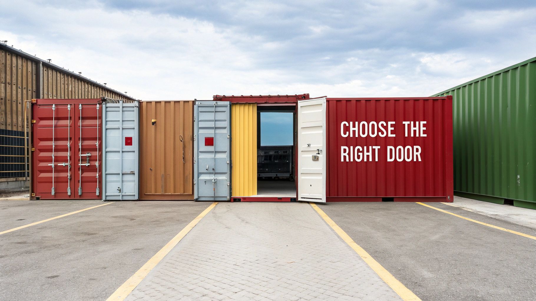 A line of colorful shipping containers, one open with a yellow interior, another displaying 'CHOOSE THE RIGHT DOOR' text.
