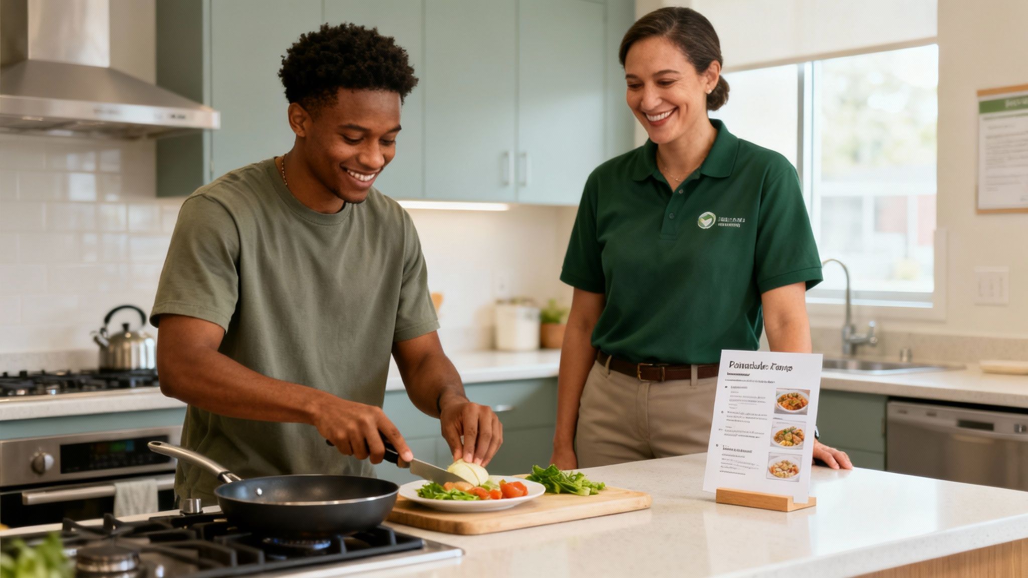A young man with learning disabilities happily cooks, guided by a supportive instructor in a modern kitchen.