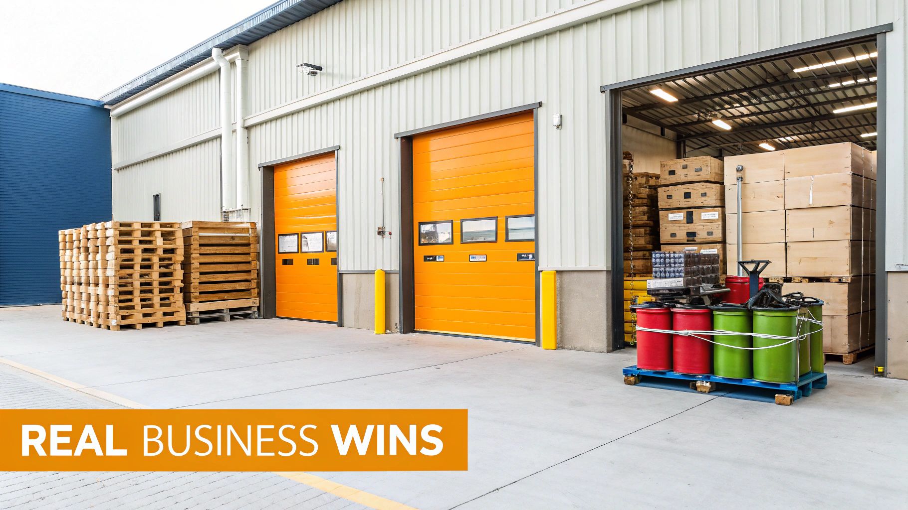 Exterior view of a modern warehouse building with several orange loading dock doors and stacked pallets.