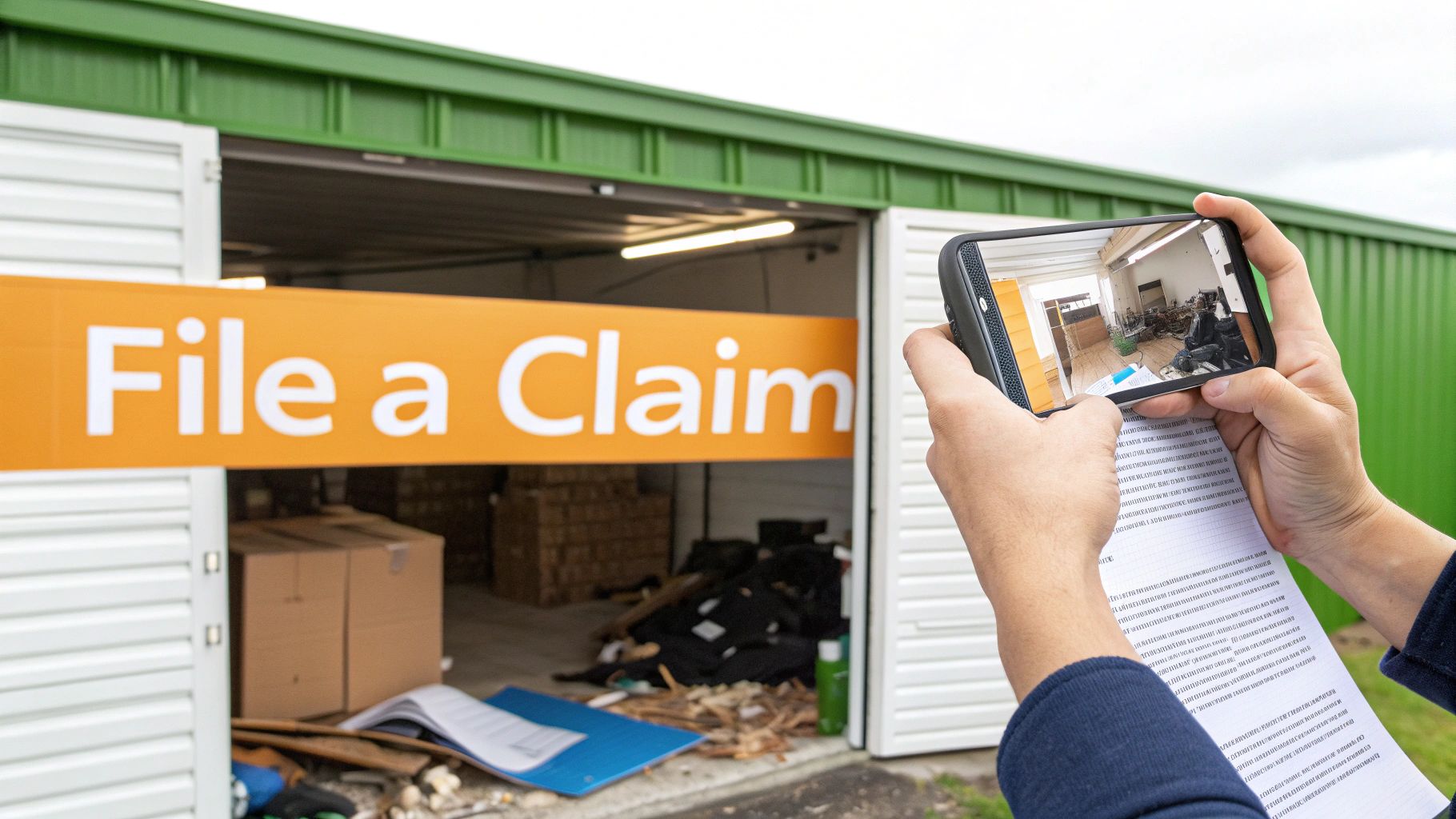 Hands holding a phone, taking a picture of a storage unit with a 'File a Claim' banner and damaged items inside.