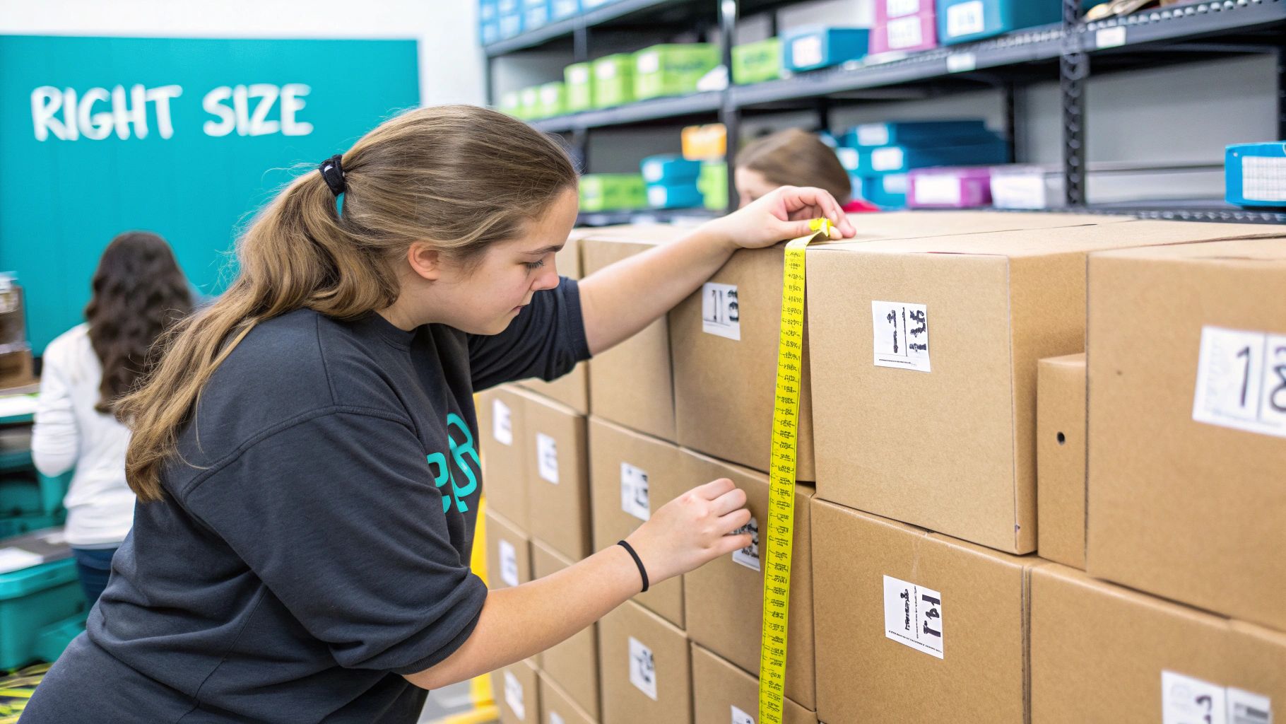A student looking at a storage unit, considering the size.