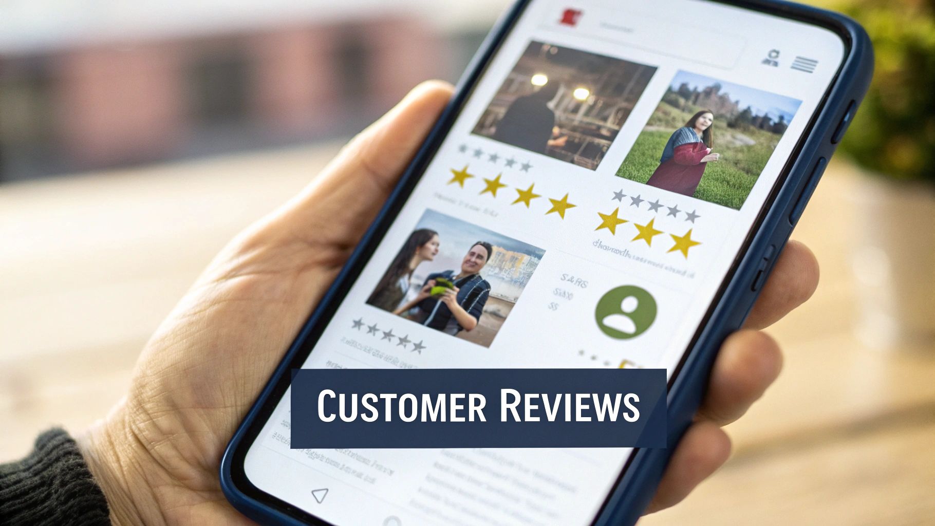 A hand holding a smartphone displaying a customer reviews app with star ratings and user photos.