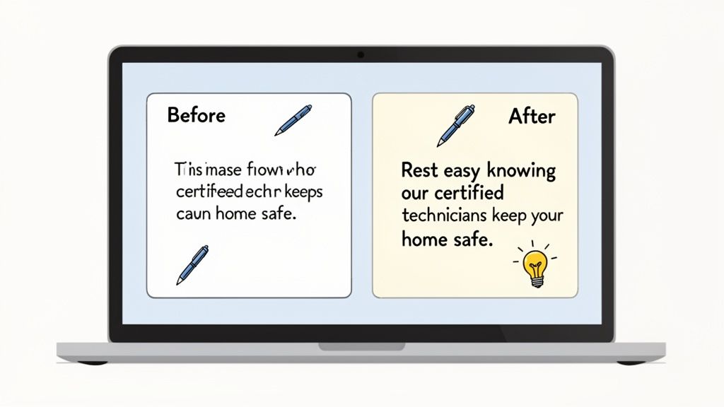 A laptop screen displays 'Before' and 'After' panels, showing garbled text corrected to clear, professional writing.