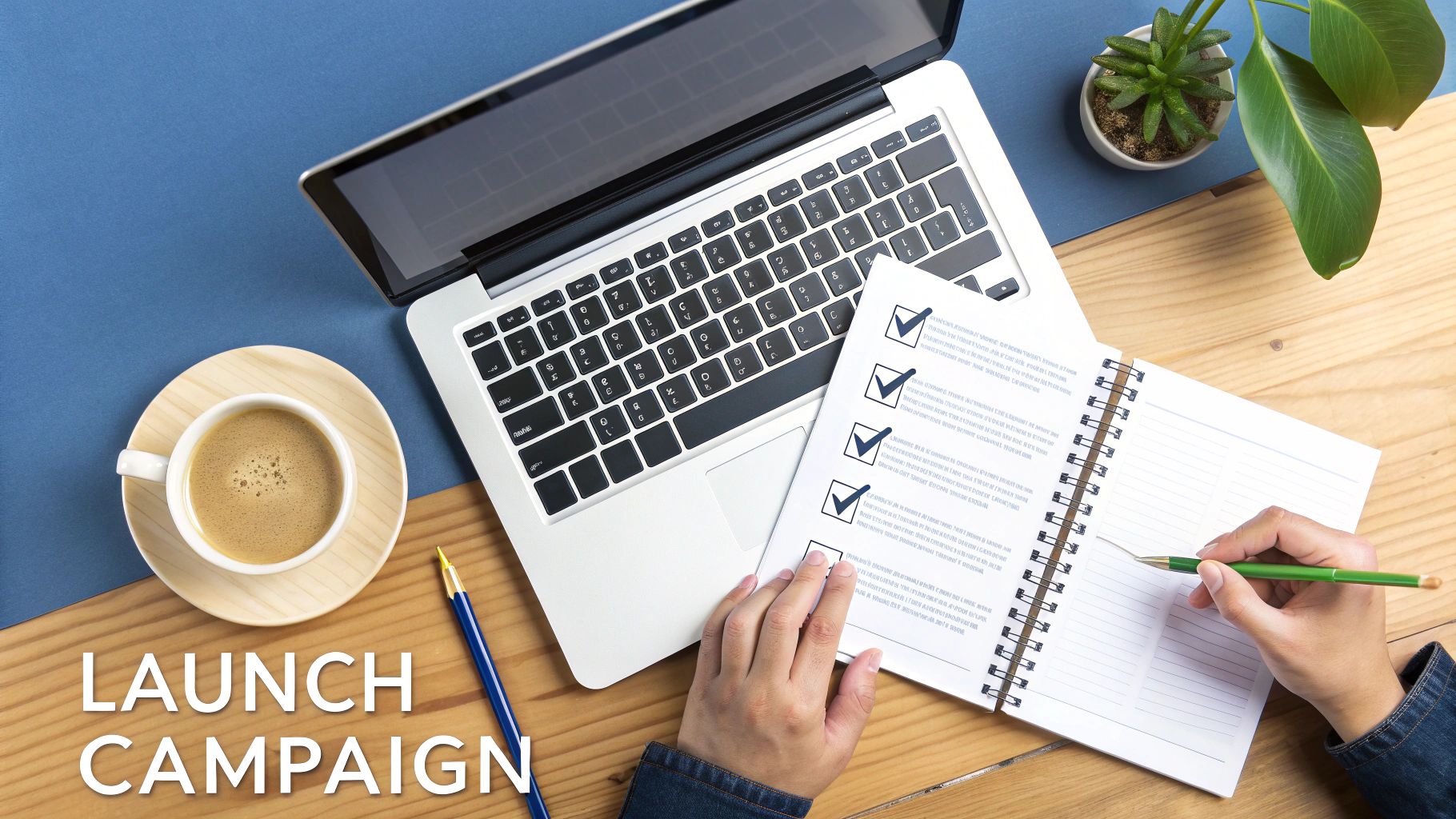 Overhead view of a person checking off tasks in a notebook next to a laptop and coffee, planning a campaign.