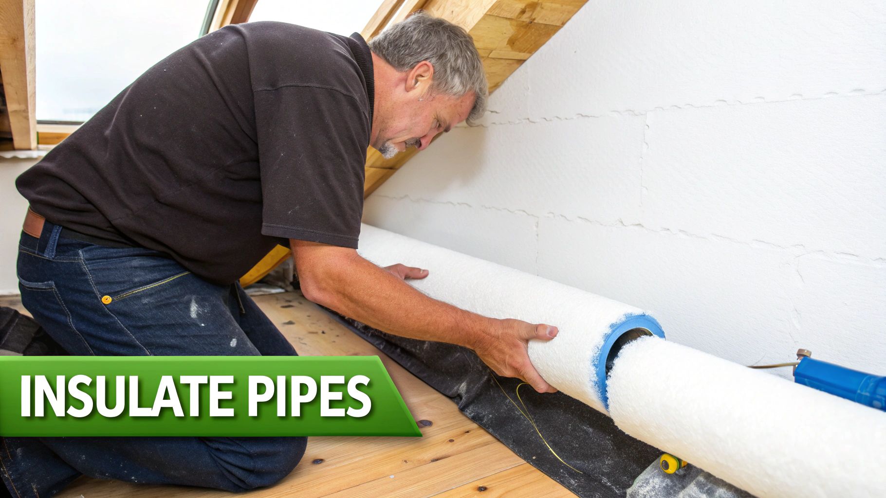 A man on his knees installing white insulation around a pipe in an attic.