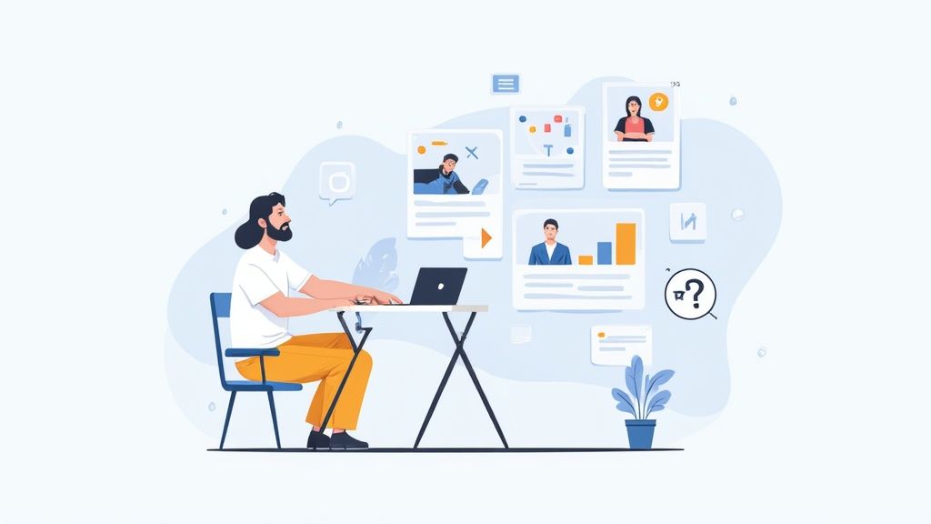 Illustration of a man managing online profiles and business data on his laptop.