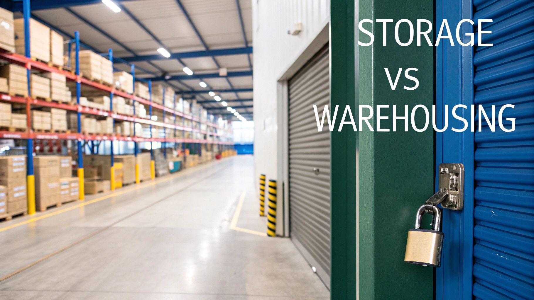 Modern warehouse facility with storage unit and locked door displaying storage versus warehousing comparison text