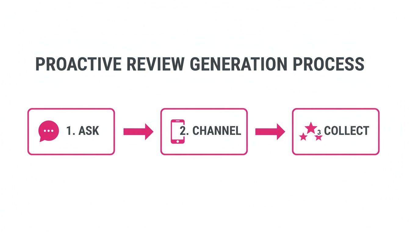 A diagram illustrating the proactive review generation process: Ask, Channel, and Collect reviews.