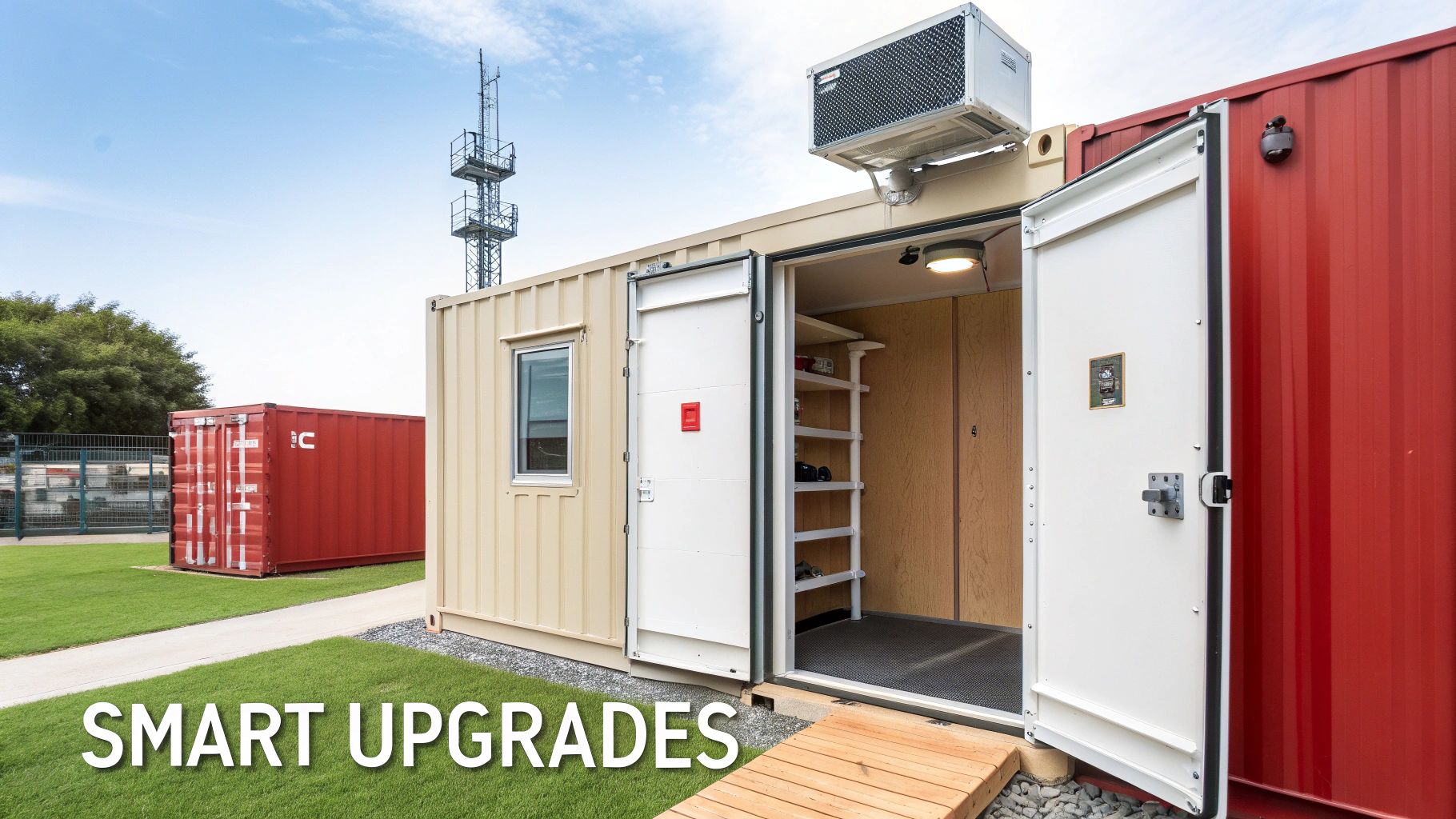 A beige shipping container with an open door, revealing an upgraded interior with shelves, alongside a red container on a grassy area.