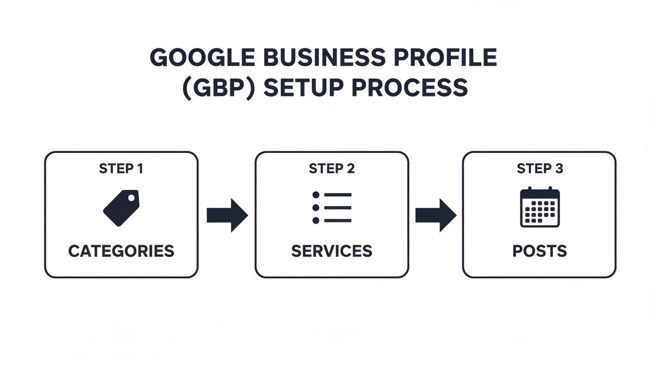 A diagram illustrating the Google Business Profile setup process with three steps: Categories, Services, and Posts.