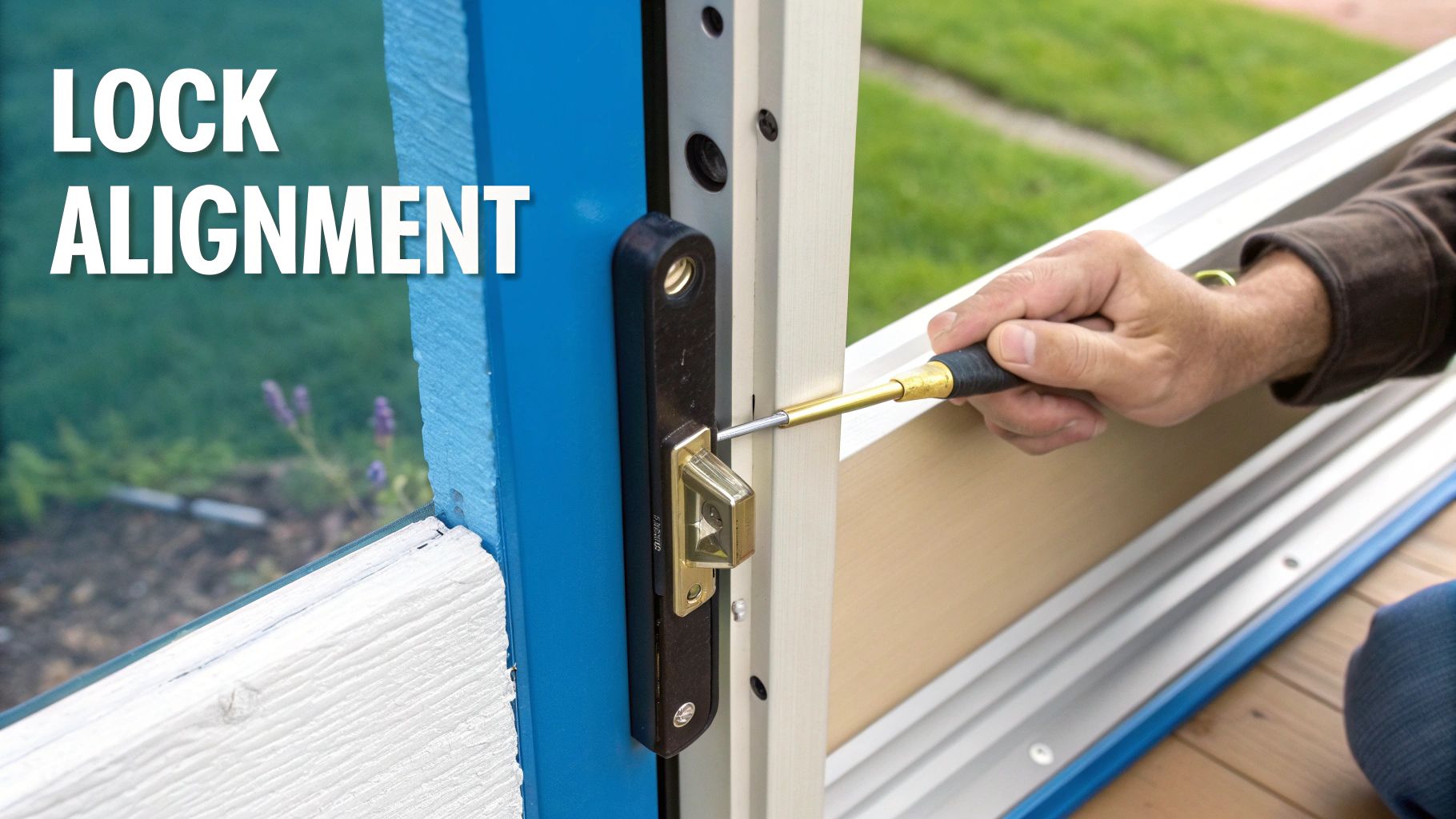 A close-up of a patio door lock mechanism being adjusted.