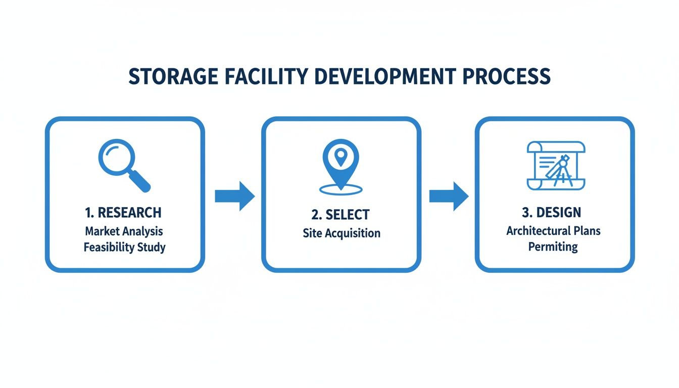A three-step diagram outlining the storage facility development process: Research, Select, and Design.