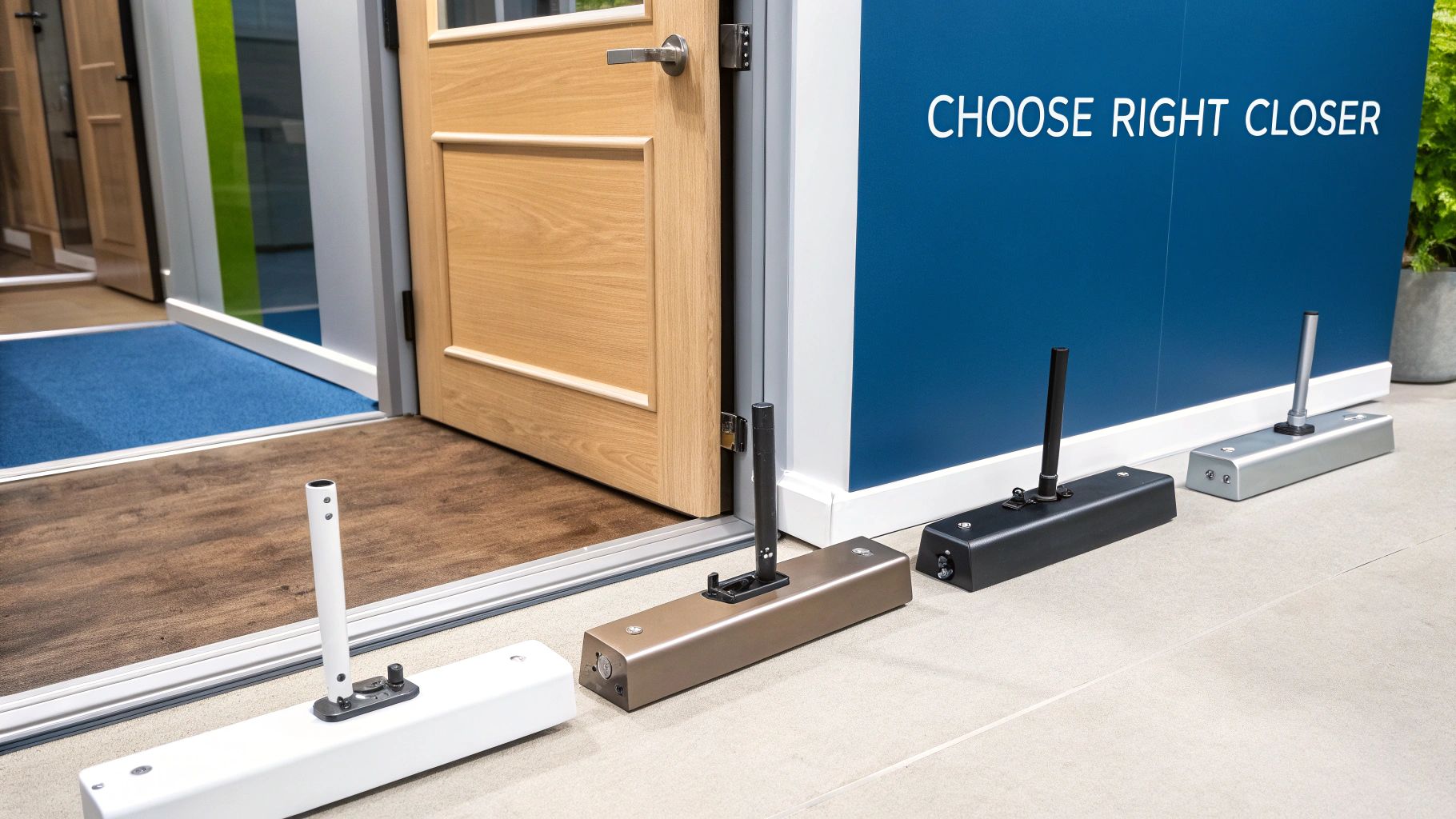 A close-up of a silver surface-mounted door closer installed on a white door.