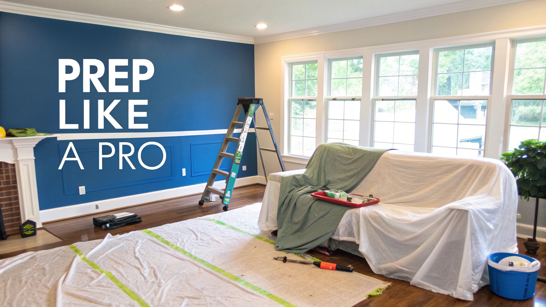 Professional room painting preparation with covered furniture, drop cloths, ladder, and freshly painted blue accent wall