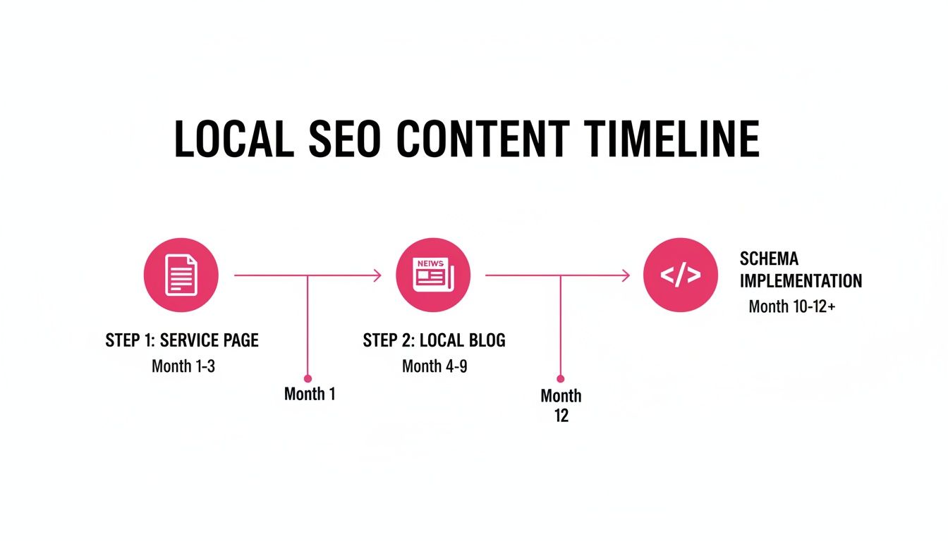 Local SEO content timeline detailing steps for service pages, local blogs, and schema implementation.