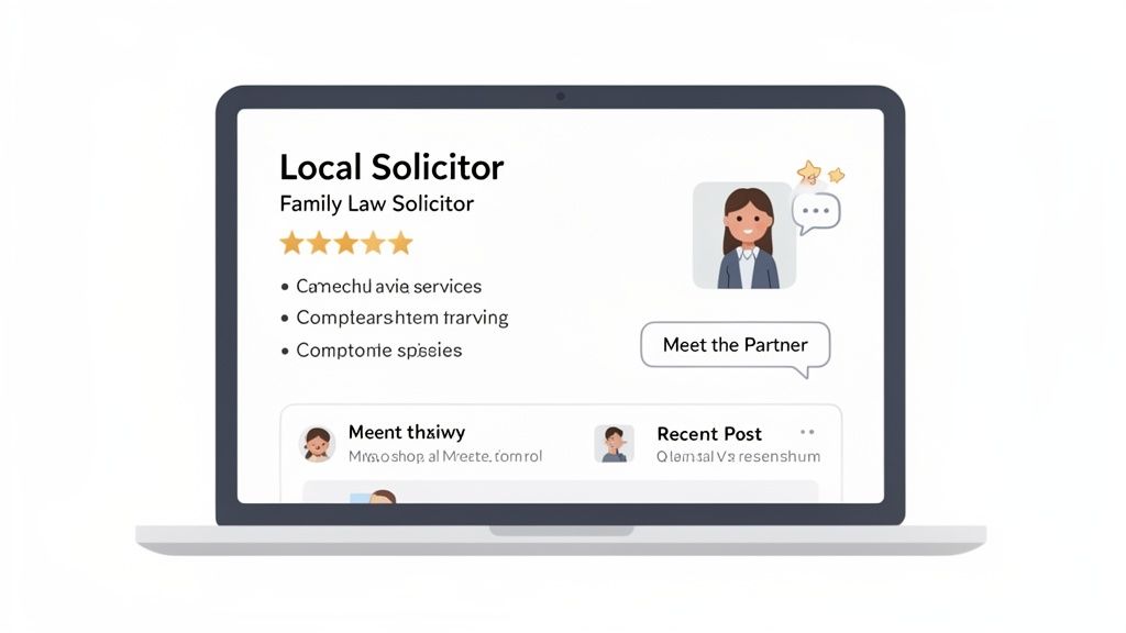 A laptop displays a legal services website for a family law solicitor with a 5-star rating and profile.