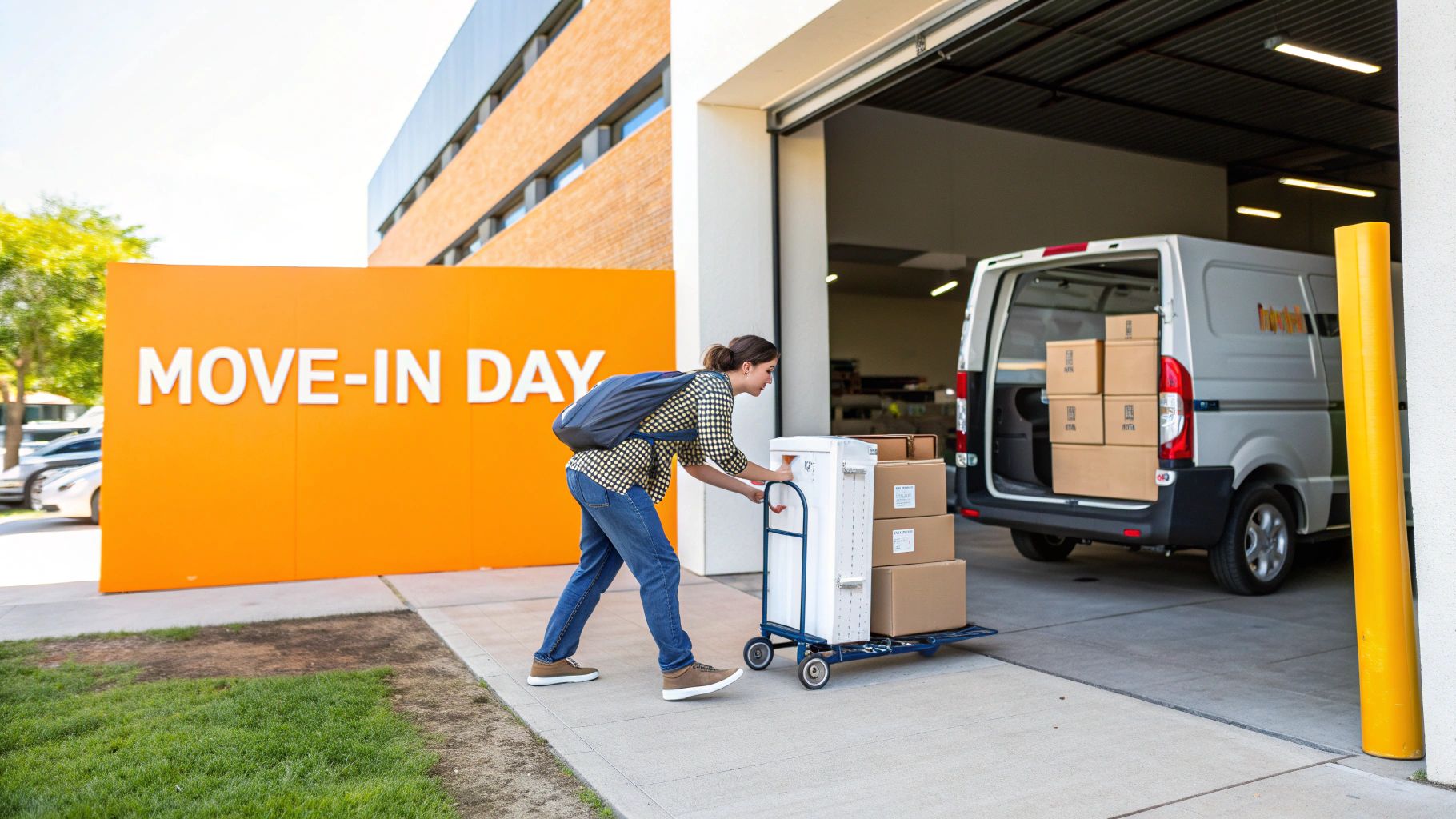 A woman pushes a hand truck loaded with boxes past a large orange 'MOVE-IN DAY' sign.