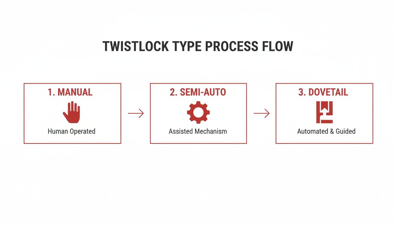 Flow diagram illustrates twistlock types: manual (human), semi-auto (assisted), and dovetail (automated).