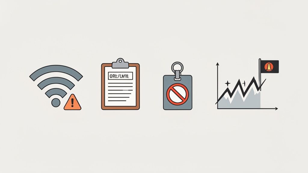 A collection of four business and technology icons: Wi-Fi warning, document, restriction symbol, and a trend graph.