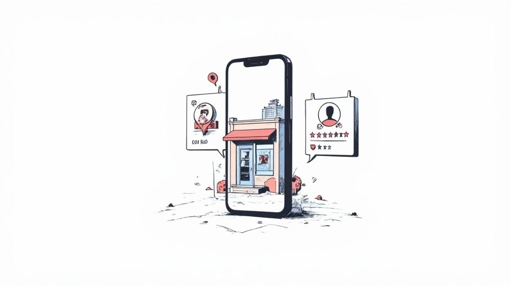 A smartphone displays a local storefront with augmented reality user profiles and customer ratings floating around it.