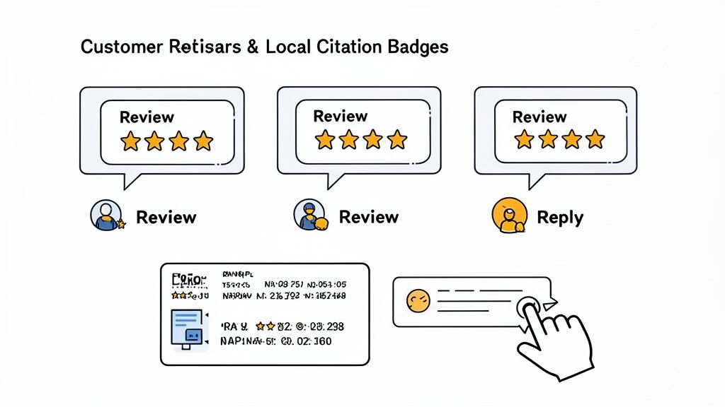 Illustration of customer reviews with three-star ratings, user avatars for reviews and replies, and local citation badges.