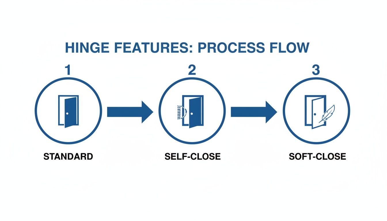 Process flow diagram illustrating standard, self-close, and soft-close hinge features for doors, shown with icons.