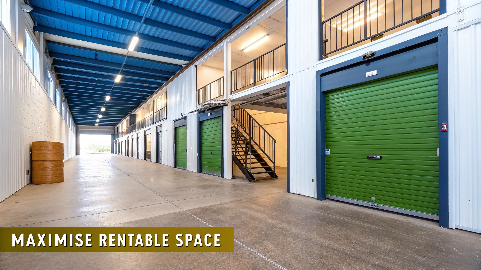 Interior view of a modern multi-level self-storage facility with green roll-up doors, a blue ceiling, and stairs.