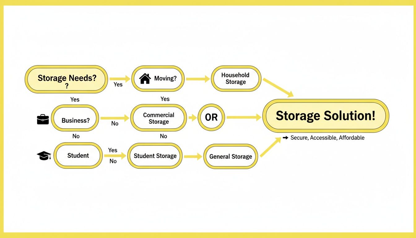 Your Guide to Finding the Perfect Northampton Storage Unit 1 Flowchart illustrating storage solutions for moving, business, and students, highlighting secure, accessible, affordable options.