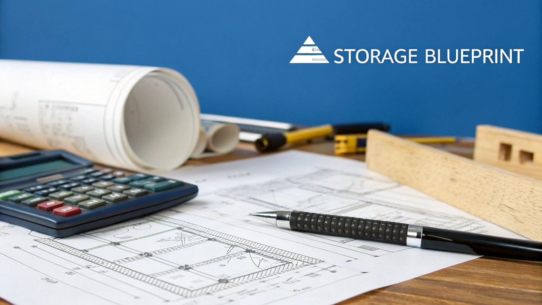 a897922f 232b 4c01 91c2 1d5062ae4c94 • Building a Self Storage Unit UK Guide A blueprint for a self-storage unit facility laid out on a wooden table with design tools.