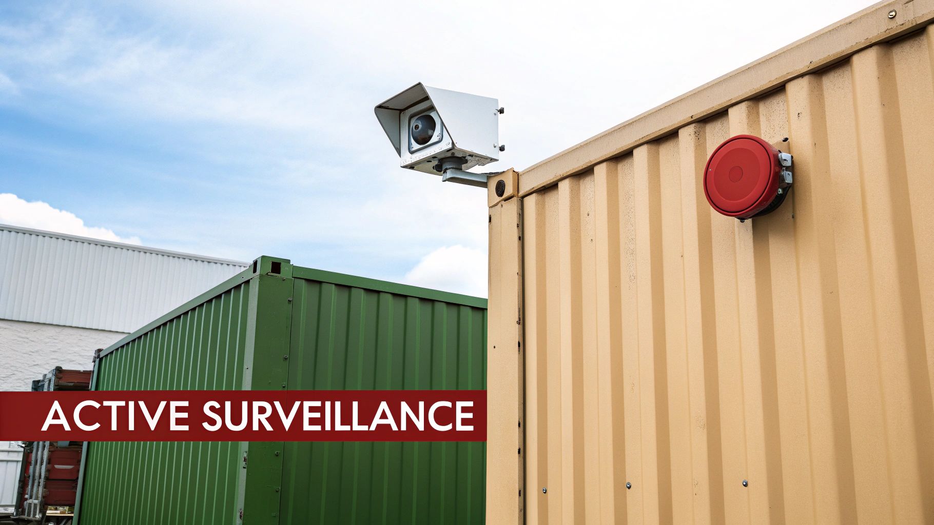 White security camera and red alarm bell mounted on shipping container wall for active surveillance
