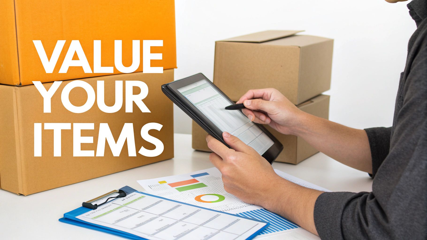 A person valuing items on a tablet and documents, with cardboard boxes in the background.