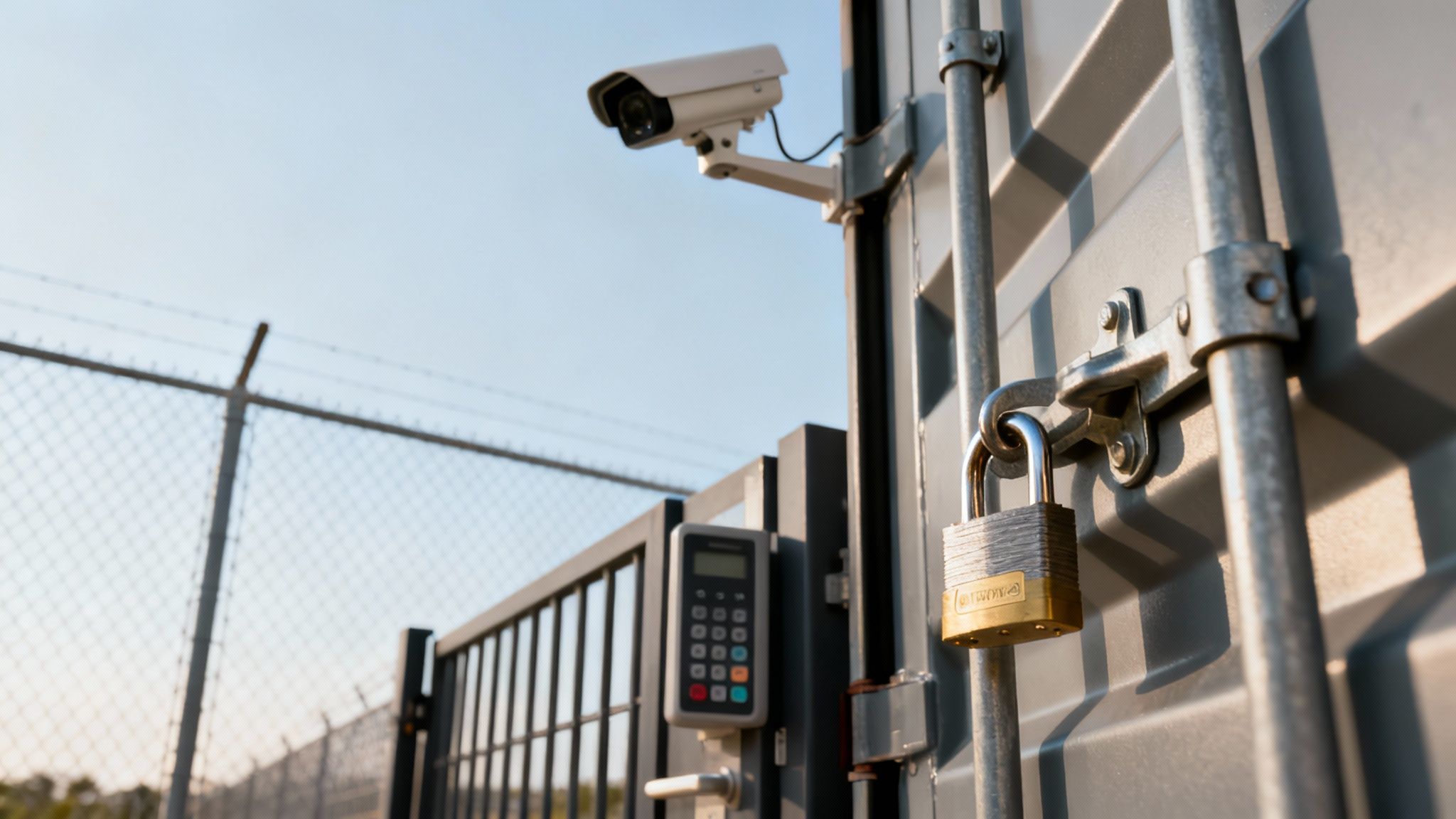 Container Storage Northampton: A Practical Guide 3 A locked storage container door with a padlock, security camera, and gate with a keypad.