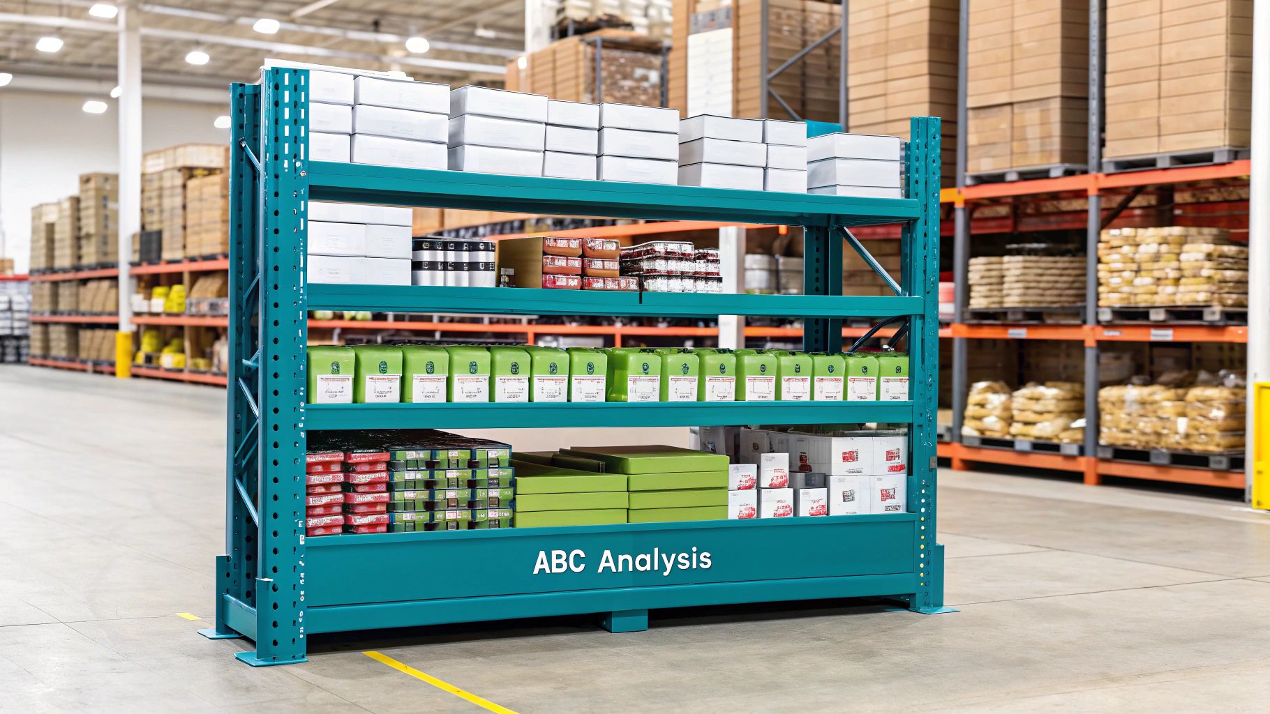 An infographic illustrating the ABC Analysis (Pareto Analysis) method, showing three categories of inventory based on value and volume.