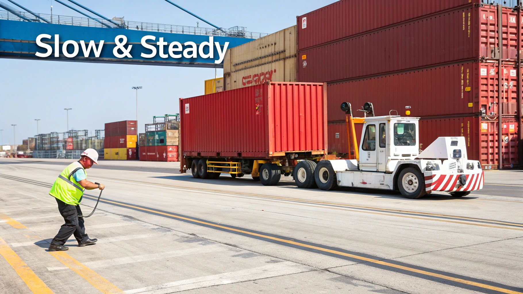 A worker in a hard hat and safety vest guides a truck pulling a red shipping container in a busy port.