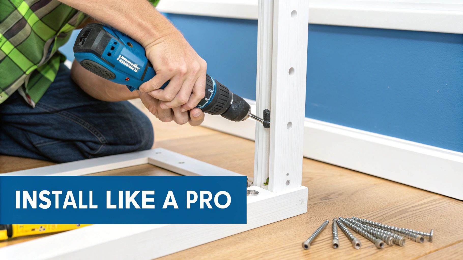 A close-up of a screw being installed into a door hinge with a power drill.