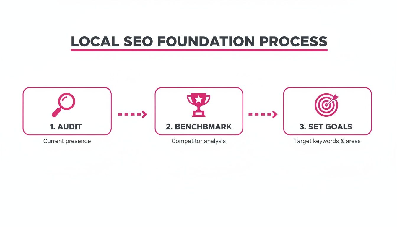 A three-step local SEO foundation process: audit current presence, benchmark competitors, and set goals.