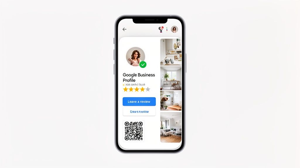 A smartphone showing a Google Business Profile with a profile picture, a 4.5-star rating, review button, and QR code.
